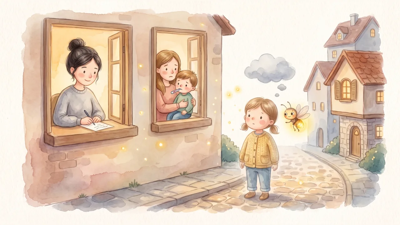 Кадр 13. Окошко: мама-врач в домашнем свитере спокойно пишет сообщение. В соседнем окошке мама с маленьким мальчиком, у мальчика градусник. Саша слушает Светика.